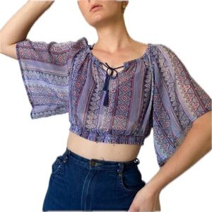 Size XS Sheer Hippie Print Flowy Crop Top